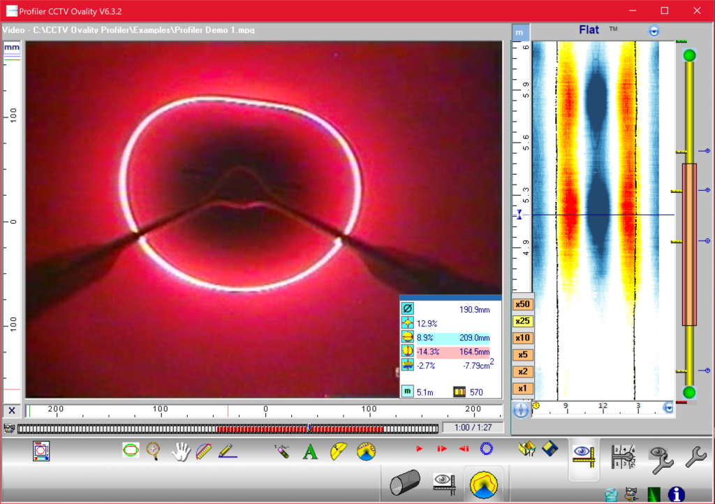 Computer application showing laser profiling data from a RedZone Robotics multi-sensor inspection for a pipeline