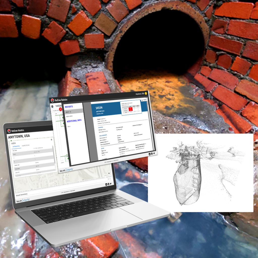 Integrity sewer asset management on a laptop with additional screenshots and a 3D point cloud