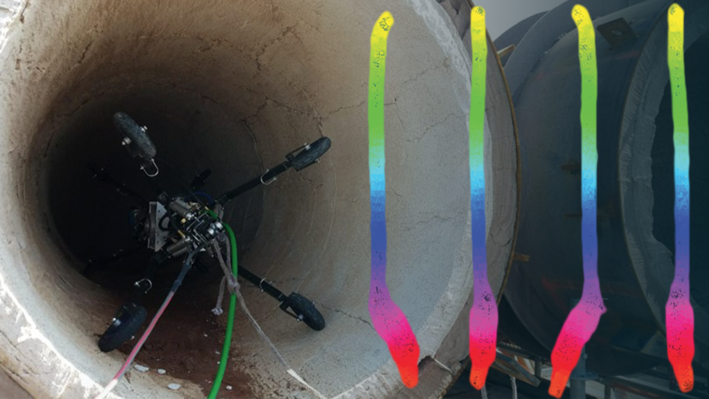 Mantis in a pipe with inspection data overlaid in the foreground - Advanced Pipeline Assessment & Sewer Inspection Services